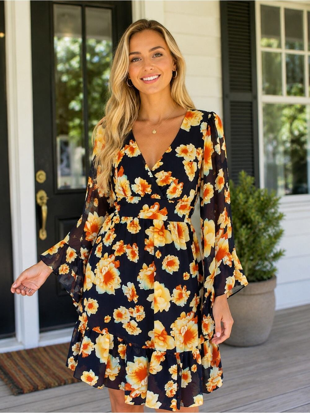 Betsey Johnson Floral Ruffle Hem Long Sleeve Dress Navy Orange Cream Size 2